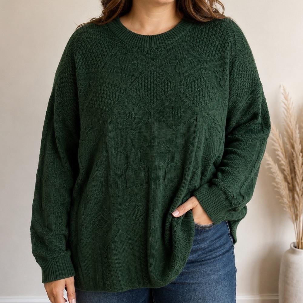 Vintage USA Made Green Cotton Textured Knit Sweater Women's Large 90s Cottage